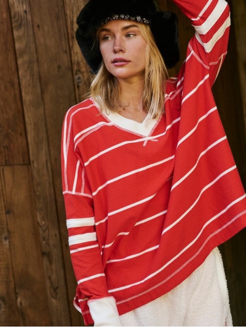 Free people movement Red and White Striped V-Neck Pullover